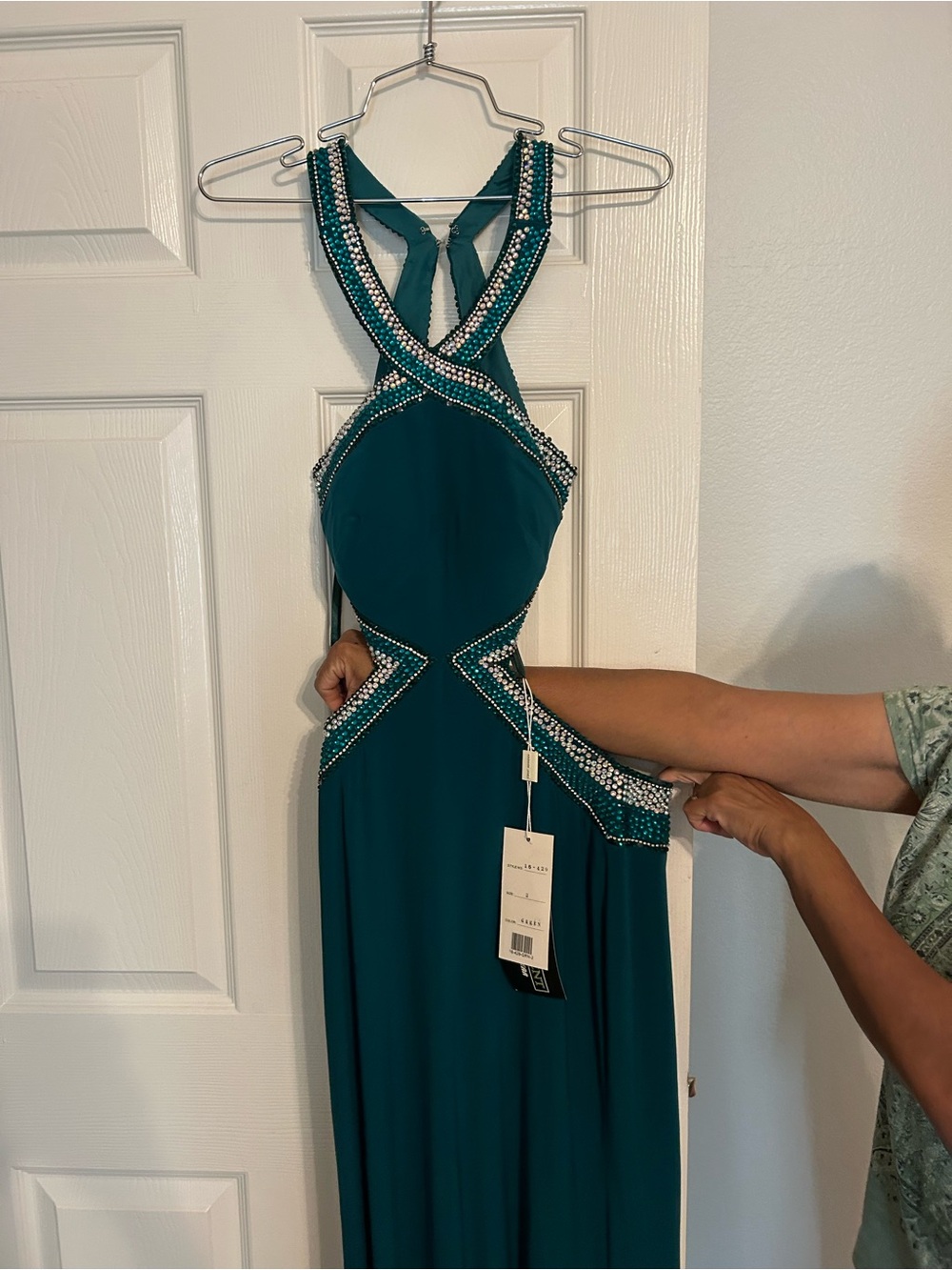madison james Teal Beaded Backless Evening Gown
